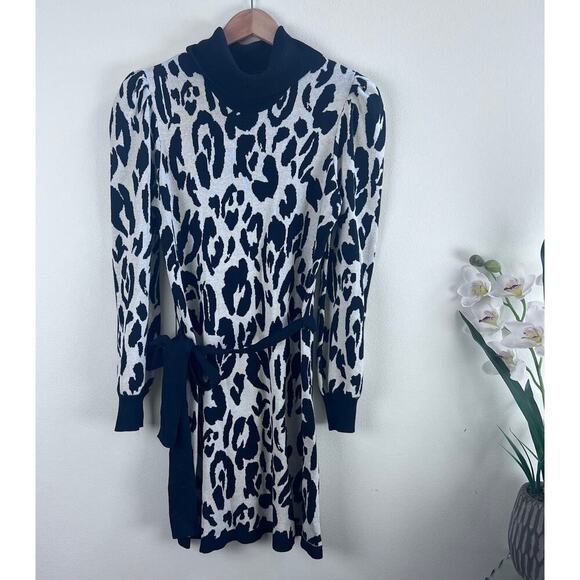 WHO WHAT WEAR Black & White Leopard Print Turtleneck Belted Sweater Dress Size M - Picture 3 of 8